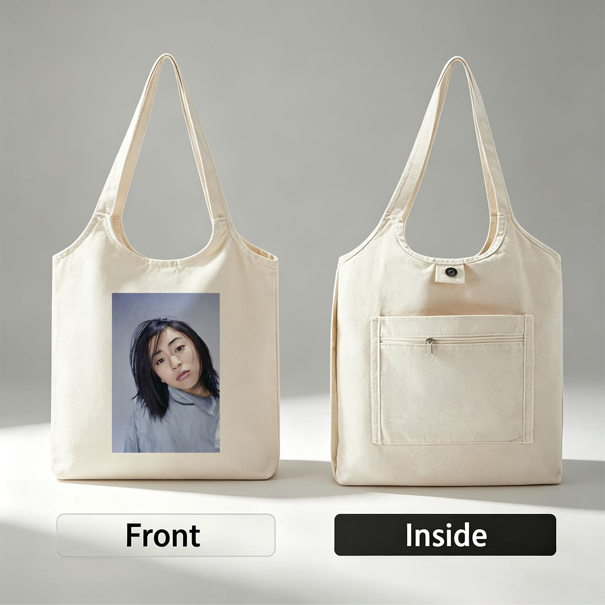 Yuki Kajiura in a Serene Portrait Wearing a Light Blue Collared Shirt Against a Soft Gray Background - Canvas shoulder bags/