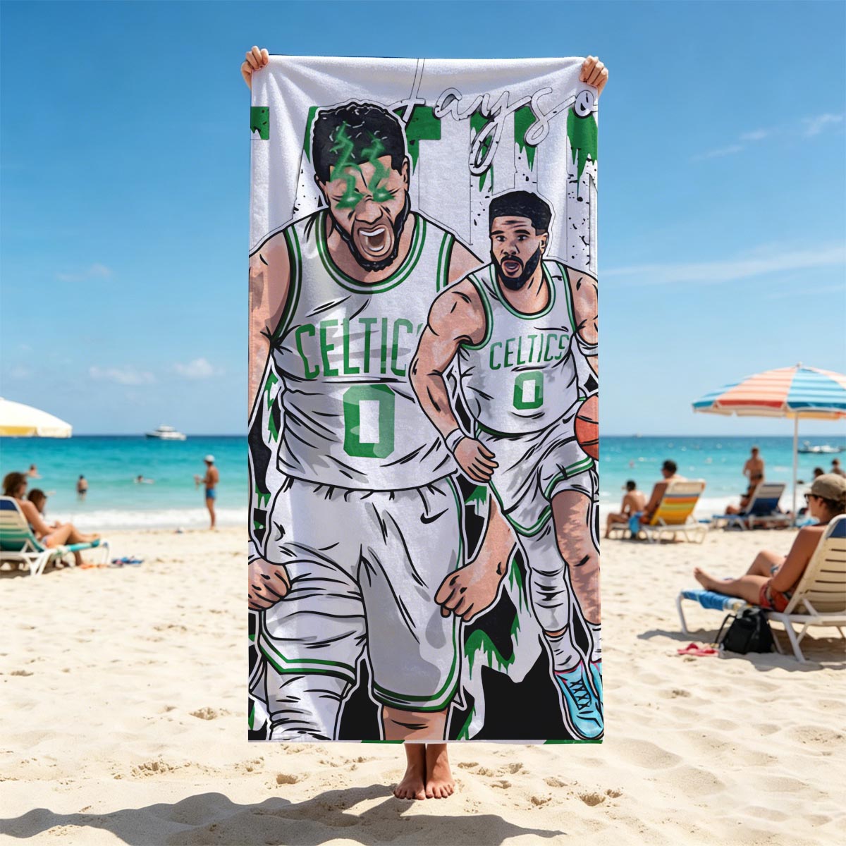 Jayson Tatum in Celtics Uniform, Basketball Action Art - Beach towels