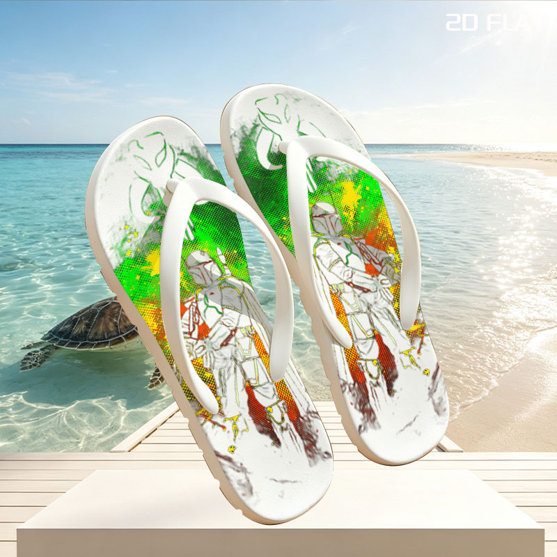 Din Djarin, The Mandalorian, stands in silhouette against a vibrant green and yellow cosmic backdrop, with the iconic Mandalorian symbol above. -  flip-flops