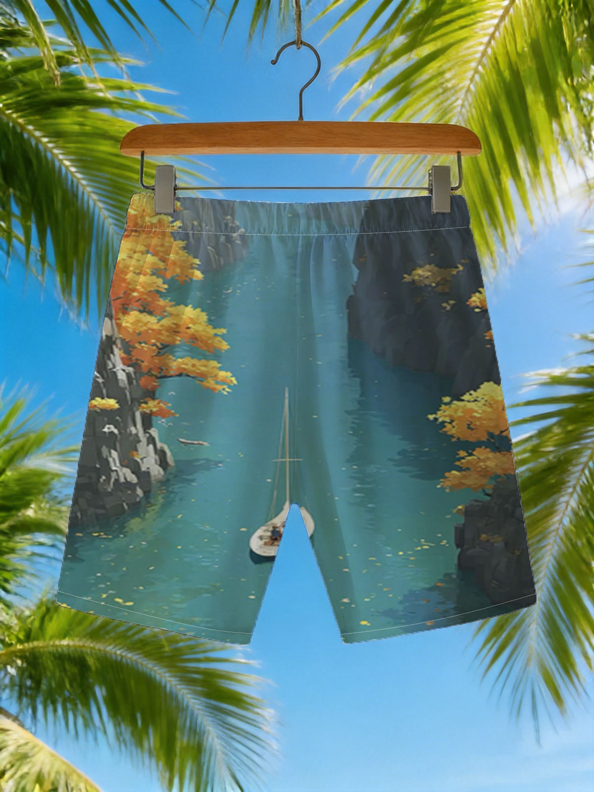 Sailboat Gliding Through Autumn Canyon -  Beach shorts