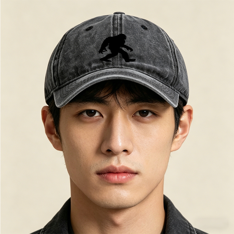 Unisex Classic Washed Cap with Bigfoot Silhouette Print - Perfect for Outdoor Adventures and Casual Wear, Ideal for Nature Lovers and Hiking Enthusiasts