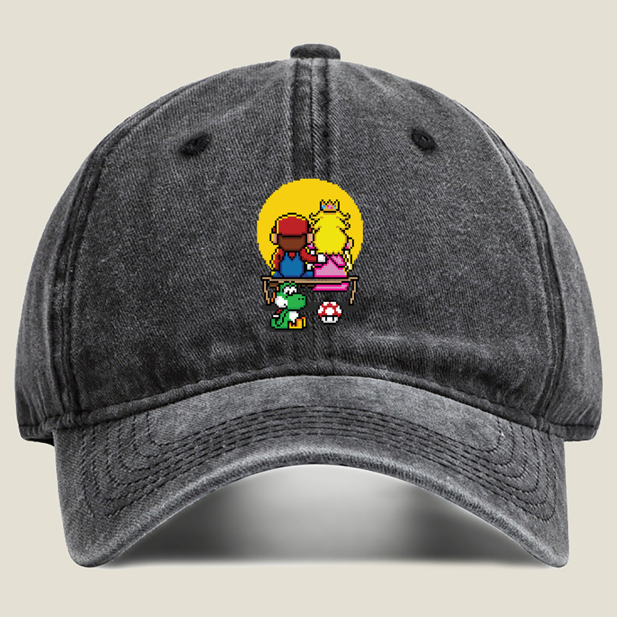 Mario and Peach Pixel Art with Yoshi and Mushroom - Washed Denim - Baseball Cap
