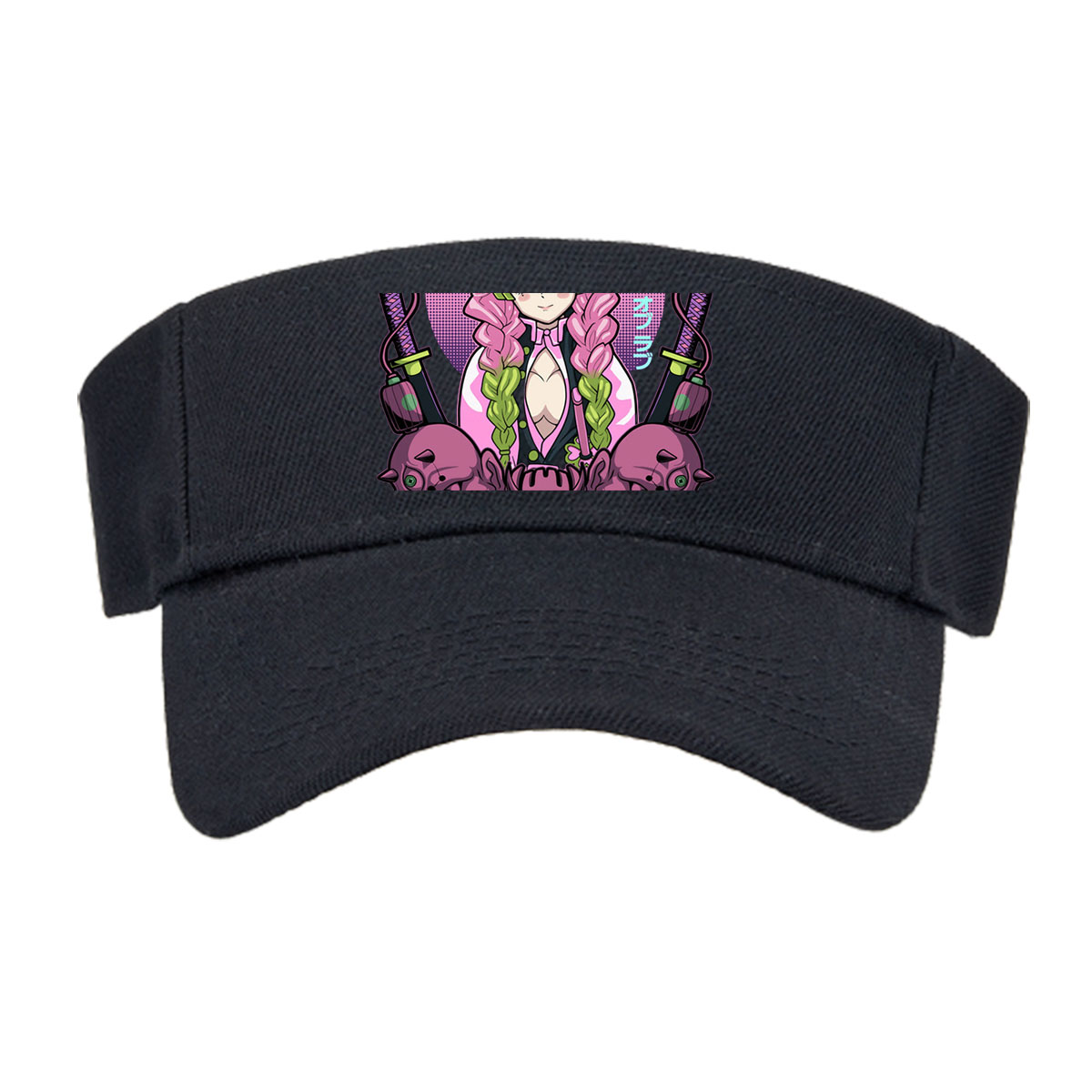 Nezuko Kamado from Demon Slayer with Pink Hair and Green Eyes, Surrounded by Skulls and Swords -  Visor cap