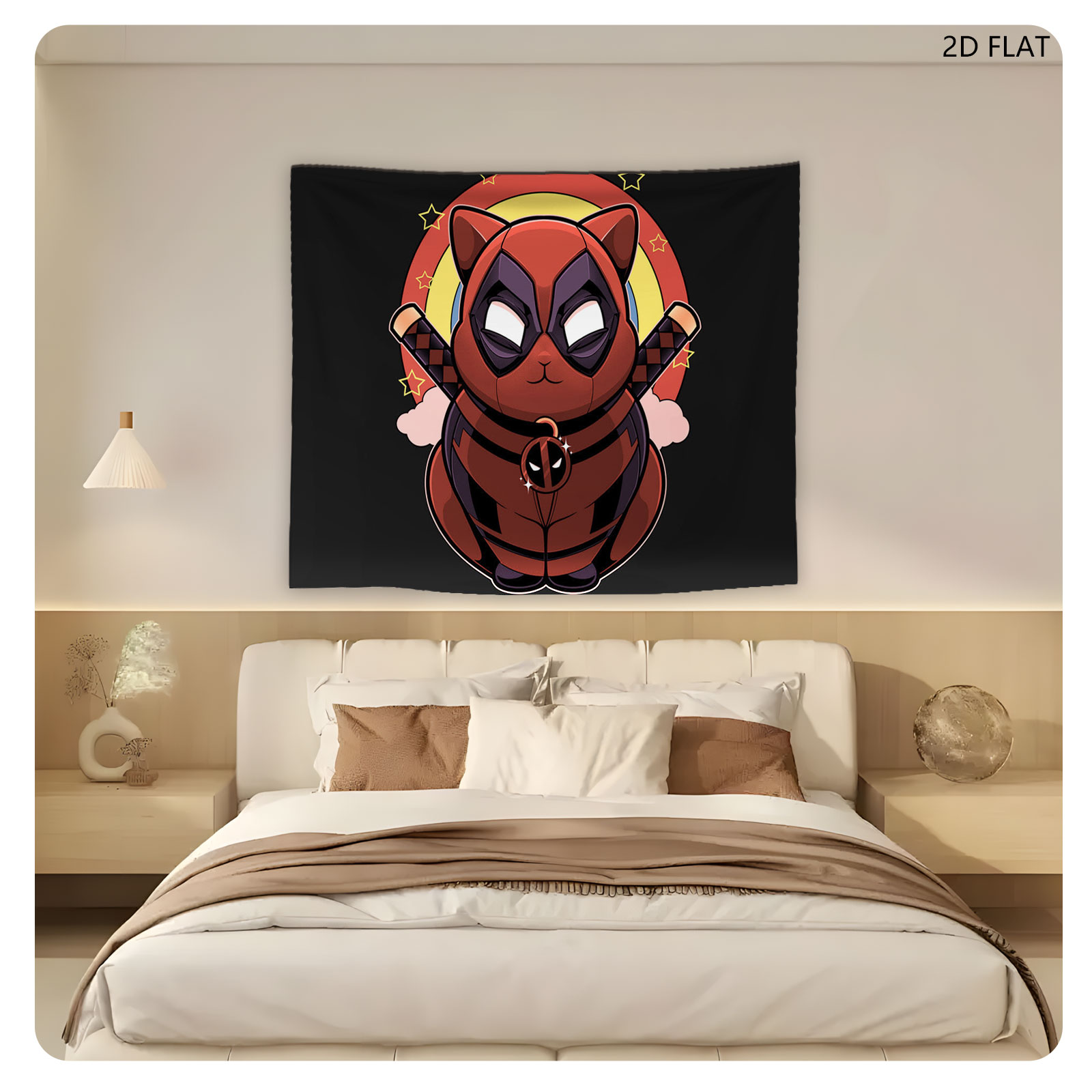 Deadpool Cat in Red Suit with Dual Katanas and Starry Background - Tapestry