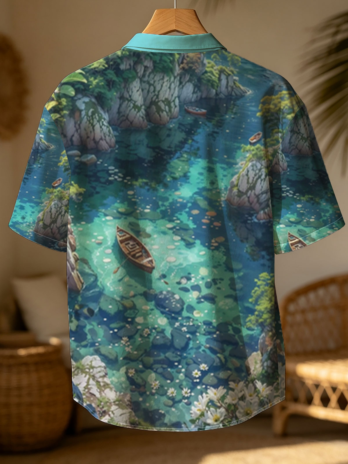 A serene boat floats on crystal-clear waters surrounded by rocky cliffs and blooming flowers. -  Shirt