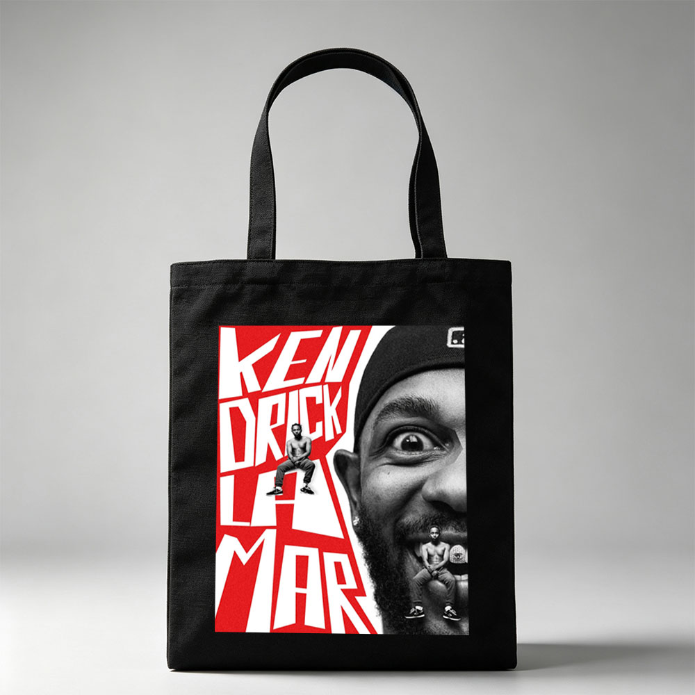 Ken Duck La Mar - Bold Red Text and Black-and-White Portrait with Miniature Figures on Face and Lettering - Canvas tote bags