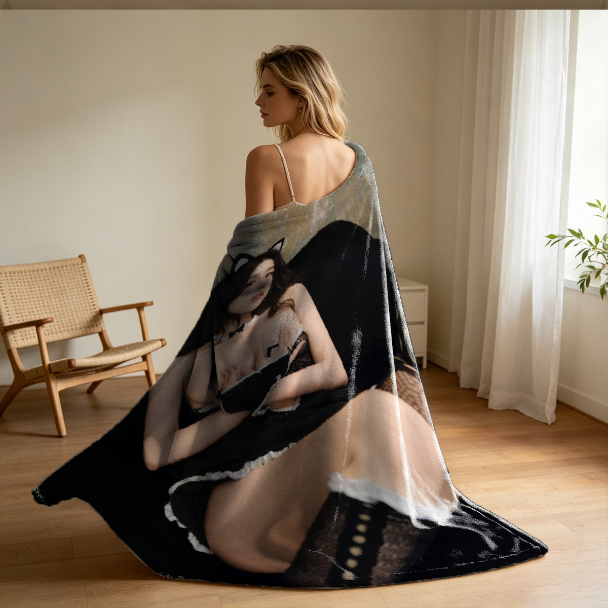 Two Lesbians in Black Stockings on Bed - Blanket