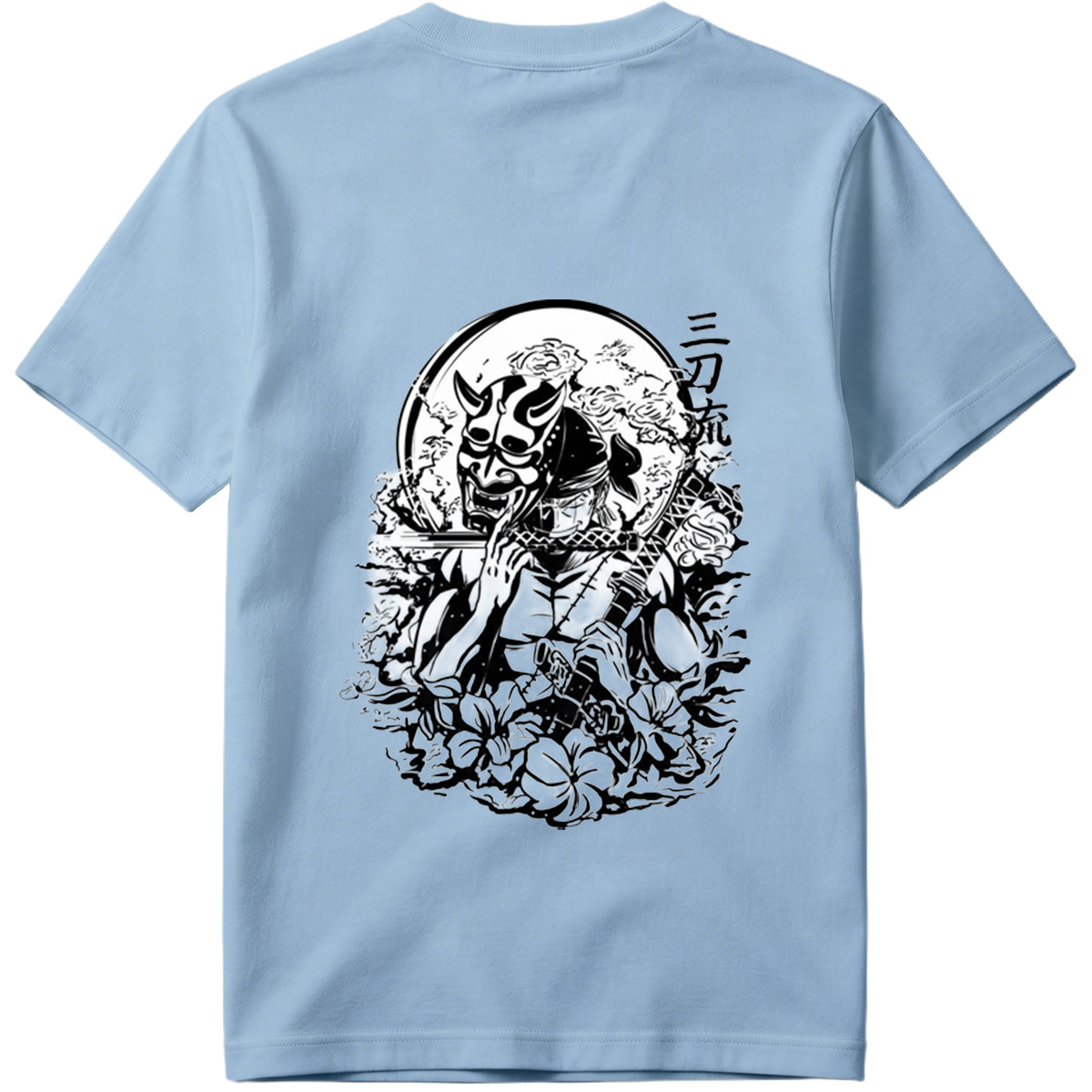 Samurai with Oni Mask and Katana in Floral Scene - Tee