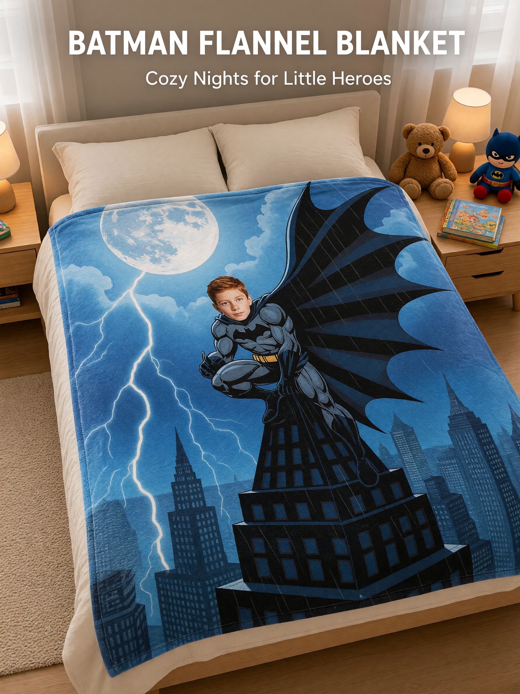 Custom Superhero Face Blanket Personalized Photo Flannel Throw Soft Fleece Bedspread for Kids and Adults Unique Gift