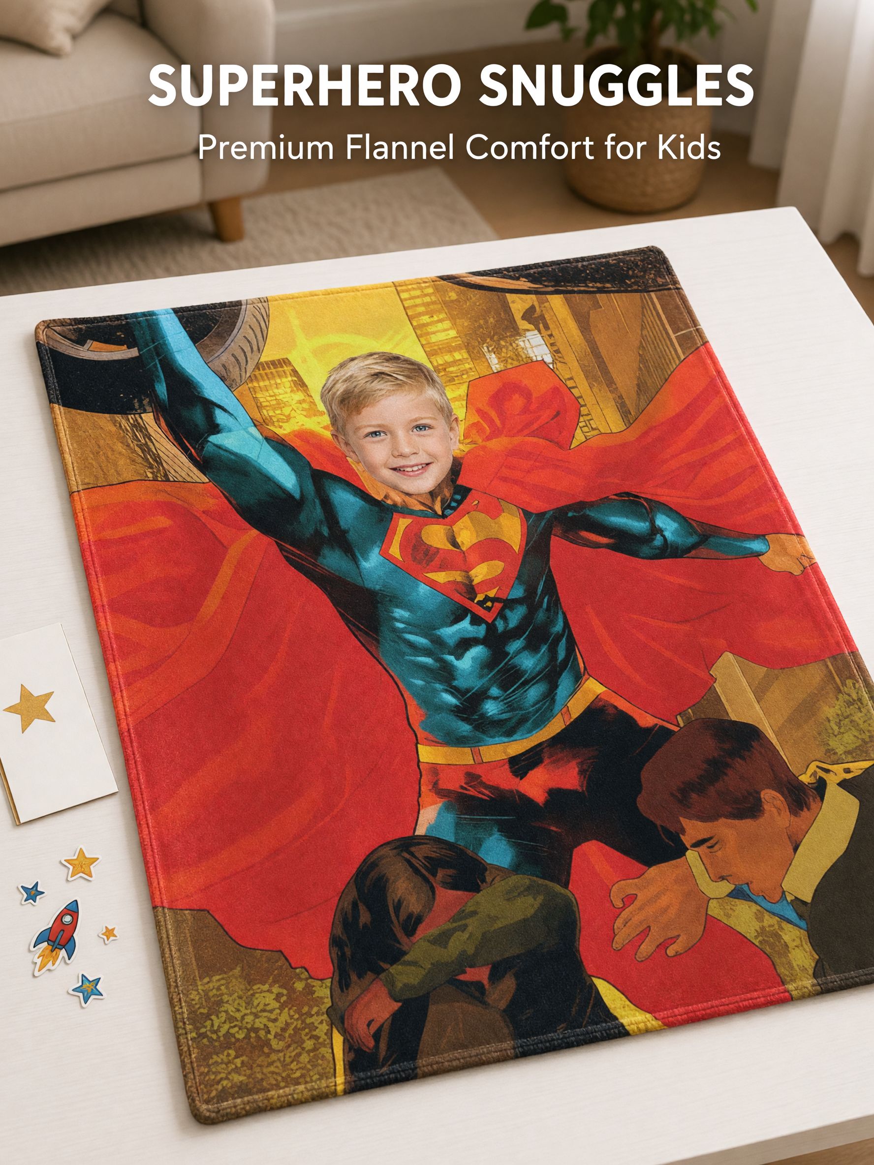 Personalized Superhero Photo Face Flannel Blanket, Custom Comic Fleece Throw, Cozy Keepsake Gift for Bed Couch