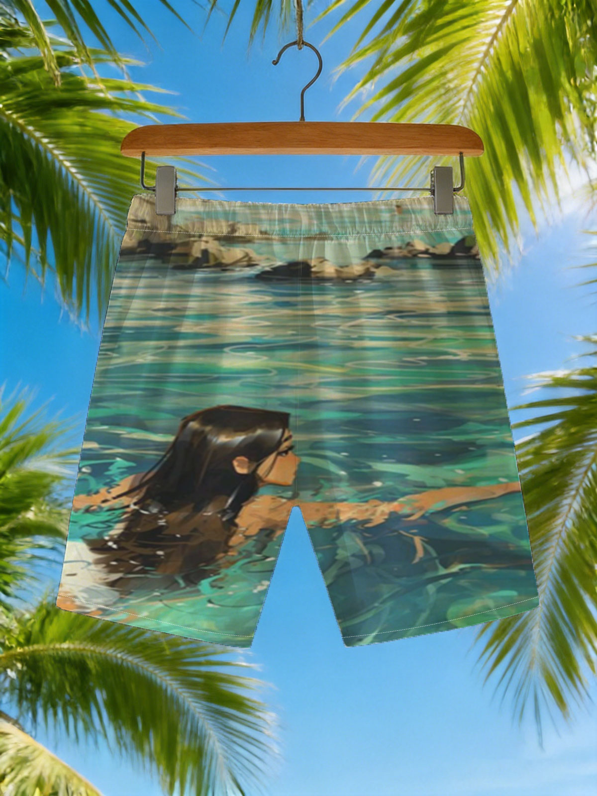 Woman swimming in clear blue water near rocky shore -  Beach shorts