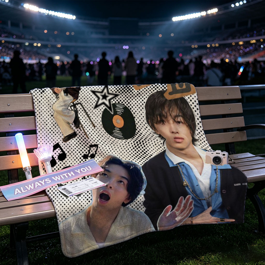 Imase Band Members in Music-Themed Collage with Guitar, Piano Keys, and Vinyl Records - Blankets