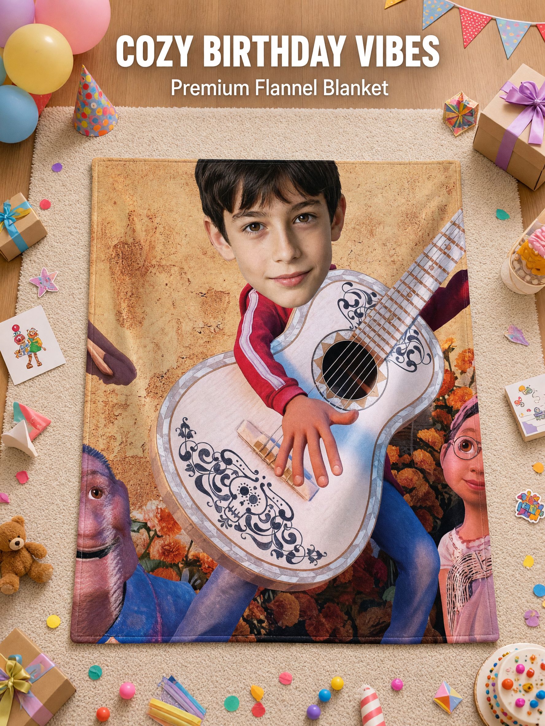 Custom Photo Face Blanket Personalized Guitar Musician Flannel Fleece Throw Soft Anti-Pilling Keepsake Gift for Kids and Family
