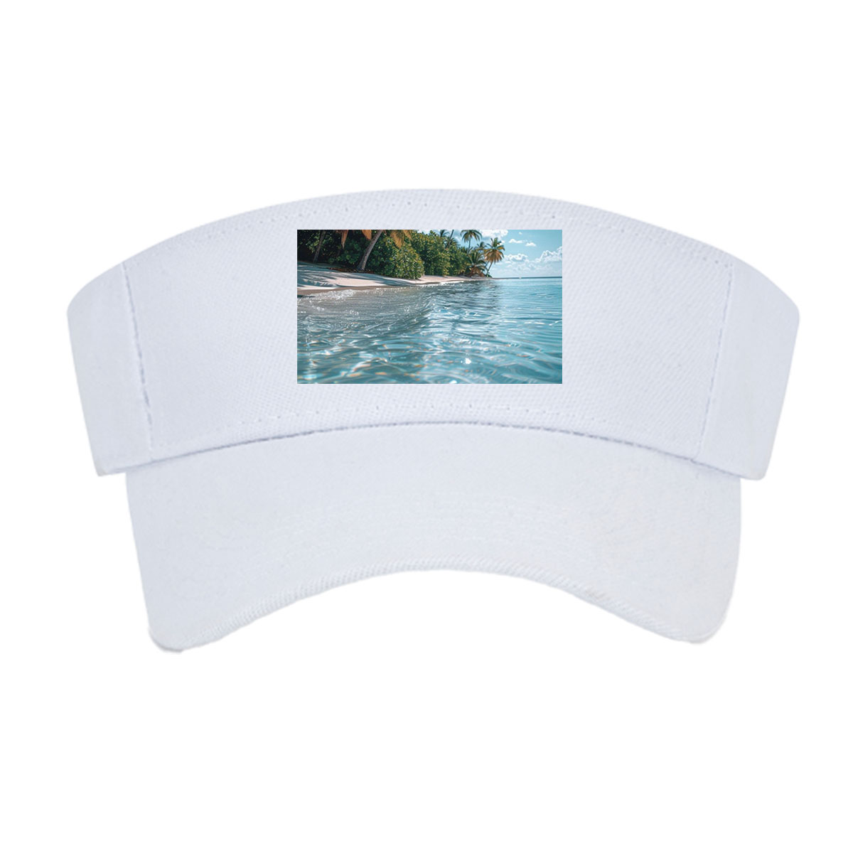 Crystal-clear waters lap against a serene tropical beach lined with swaying palm trees under a bright blue sky. -  Visor cap