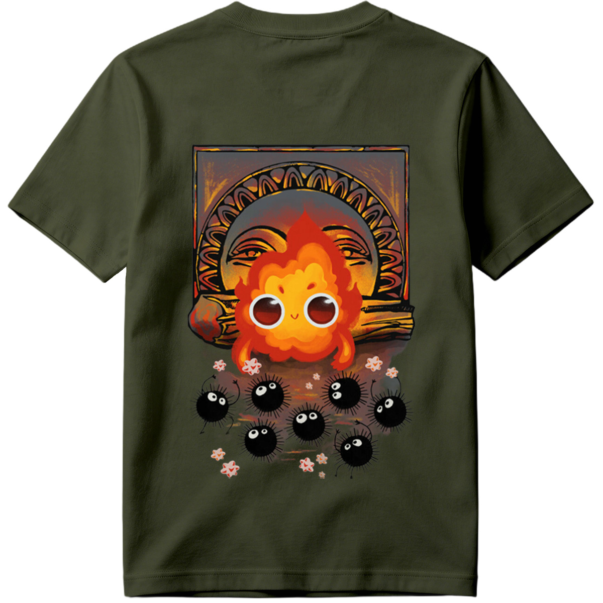 Cute Flame Character with Black Spiky Creatures and Ancient Mask Background - Tee