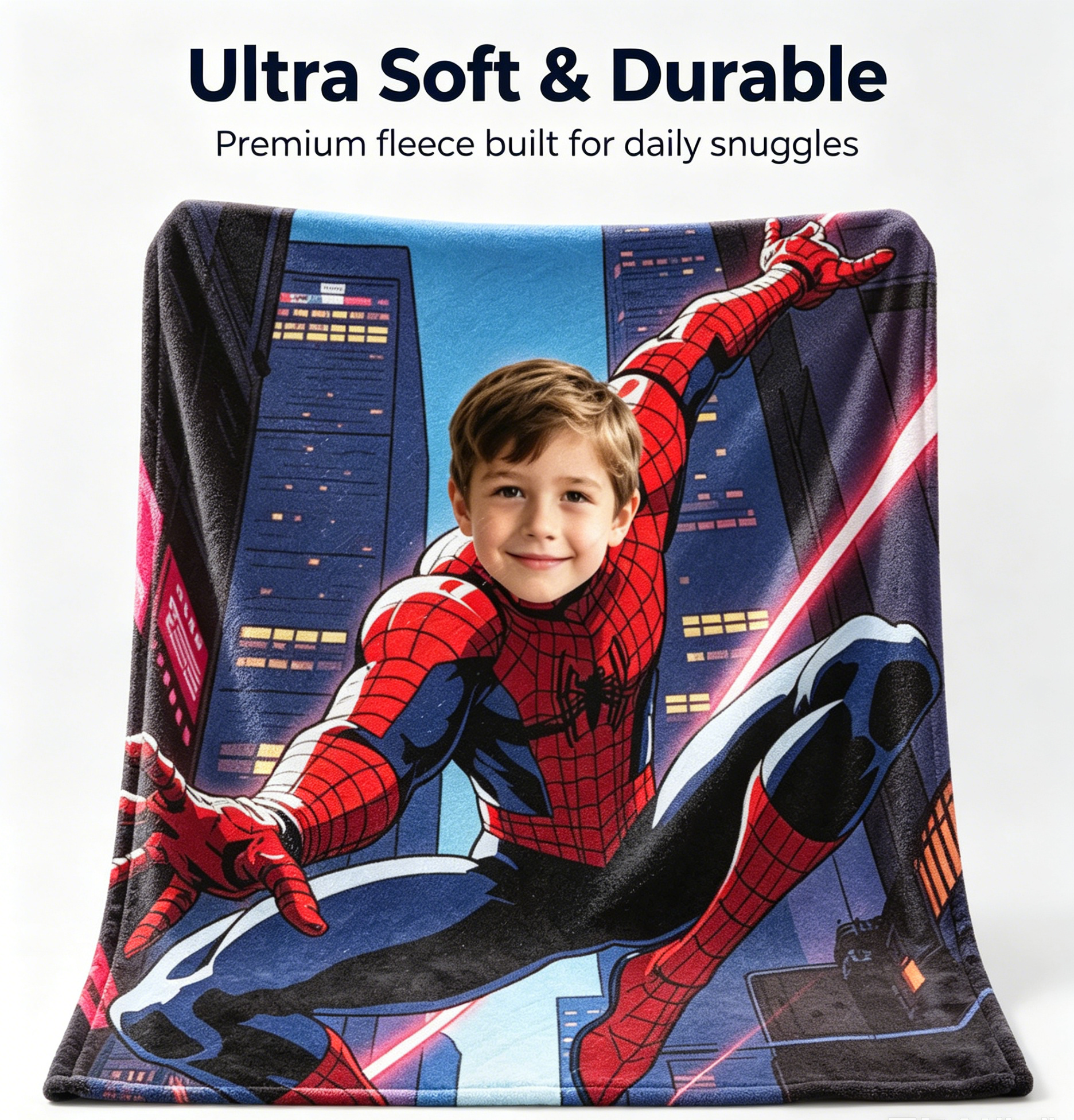 Personalized Custom Spider‑Man Photo Blanket, Upload Your Kid Photo, Superhero Custom Fleece Throw Blanket, Birthday Gift for Boys, 280g Soft Cozy Blanket for Bed Sofa