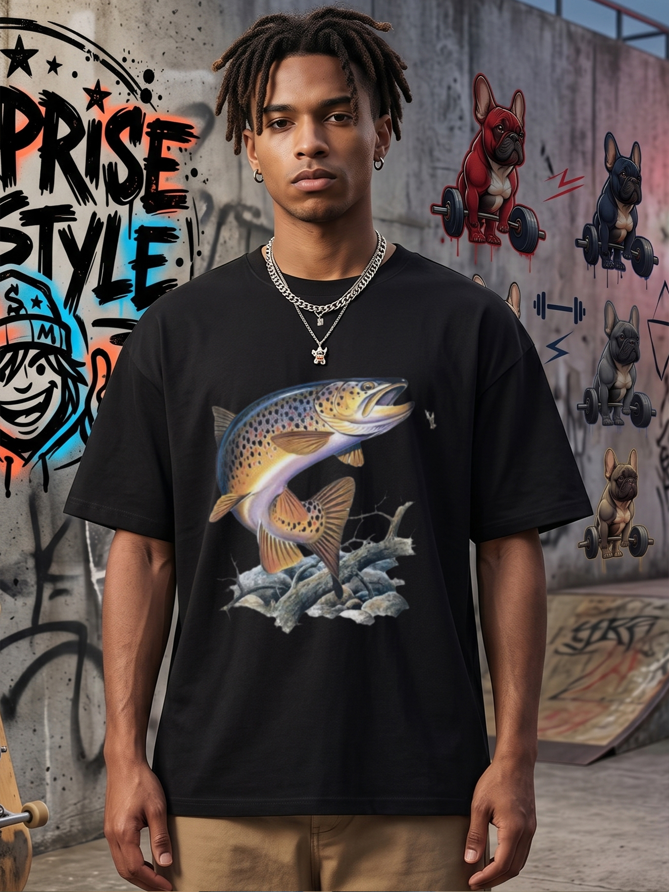 Men's Trout Fishing Print T-Shirt Featuring Realistic Brown Trout Design, Casual Round Neck Lightweight Breathable Summer Short Sleeve Tee for Outdoor Fishing Enthusiasts and Nature Lovers