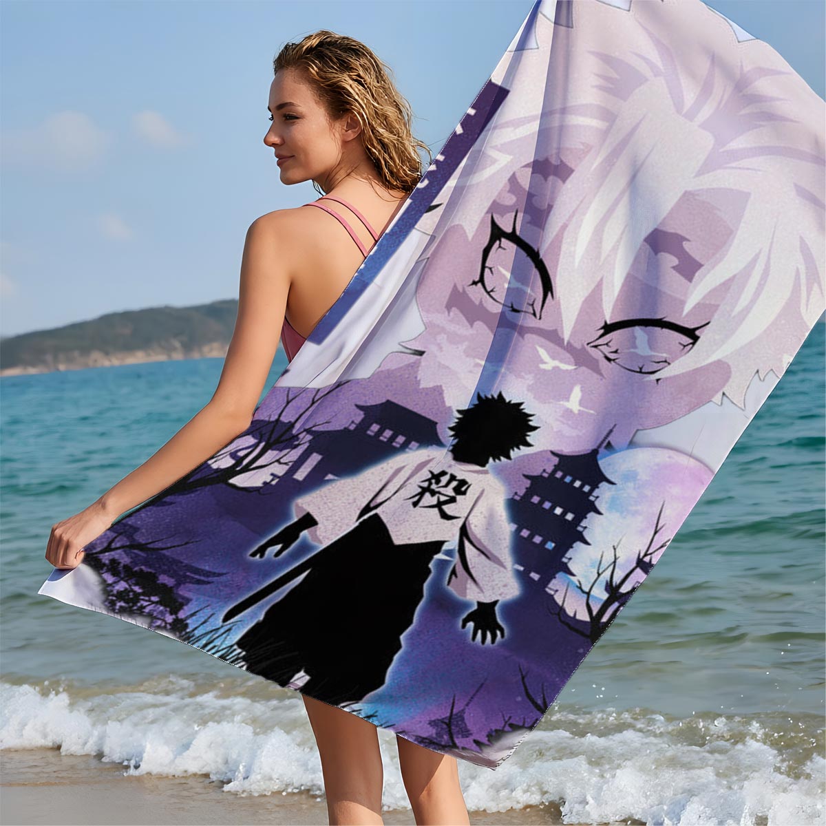 Demon Slayer: Tanjiro and Muichiro Tokito in Moonlit Village - Beach towels