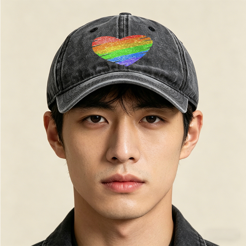 Unisex Classic Washed Cap with Rainbow Heart Glitter Print - Perfect for Pride Events, Casual Outings, and Everyday Wear - Ideal for Adults Seeking Vibrant, Comfortable Headwear with LGBTQ+ Inspired Design