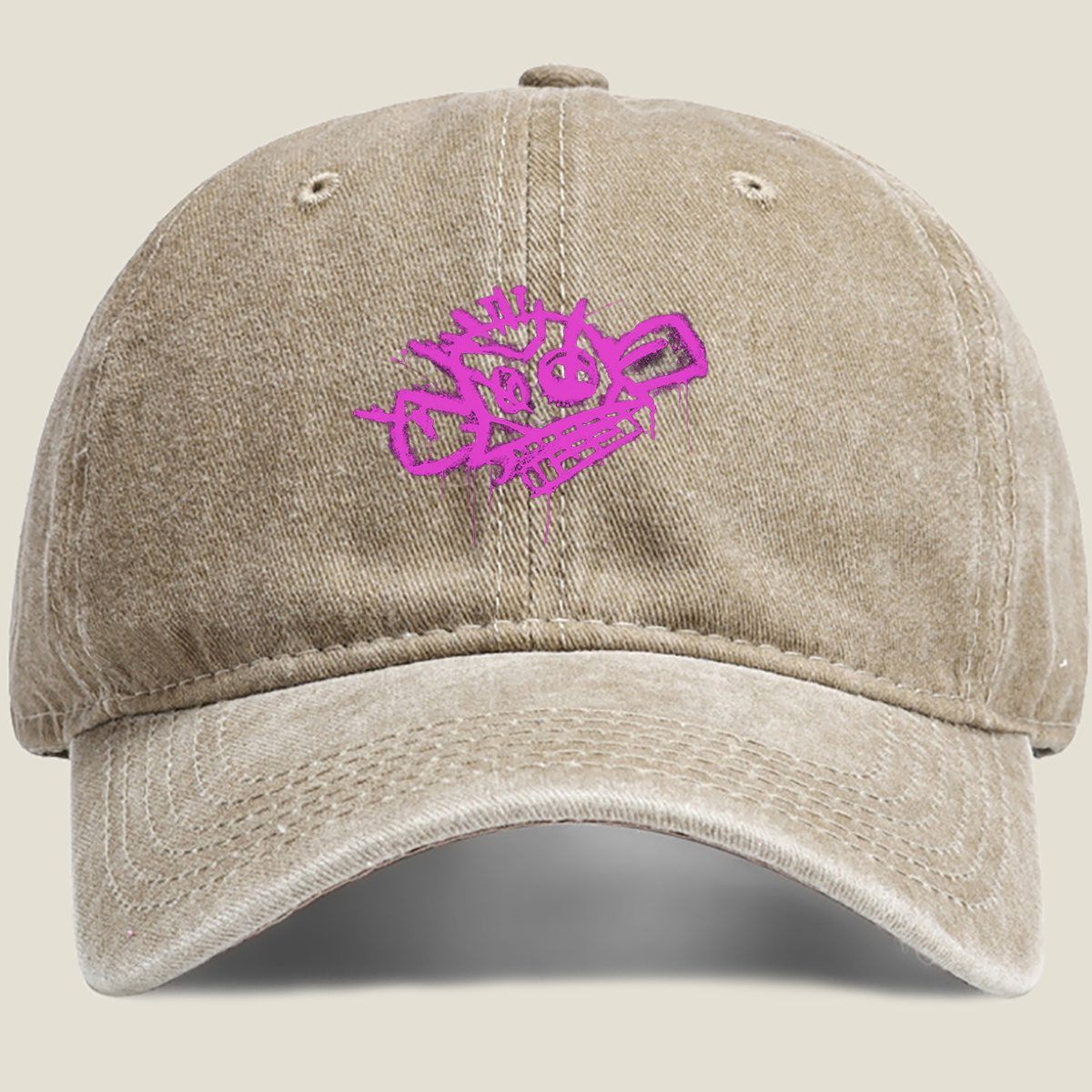 Graffiti-style pink skull with crown and crossbones on black background - Washed Denim - Baseball Cap
