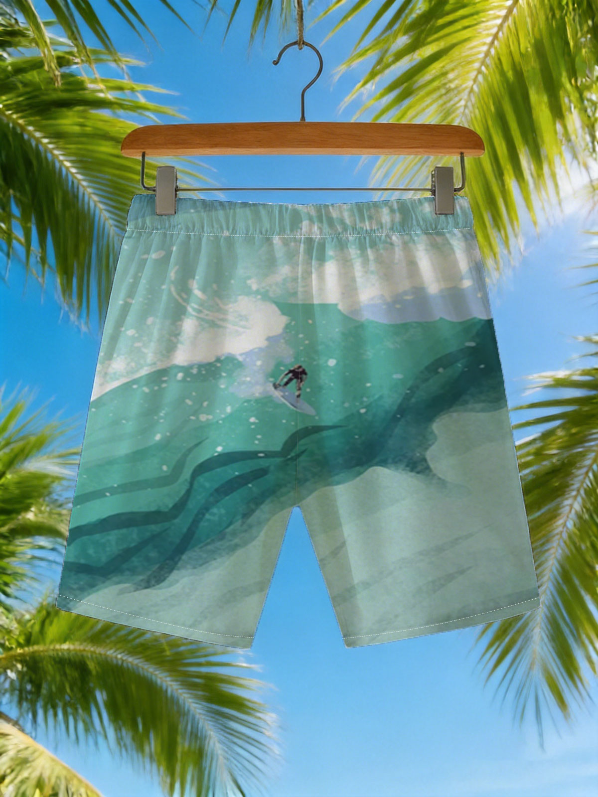 Surfer riding a massive wave in vibrant ocean waters -  Beach shorts
