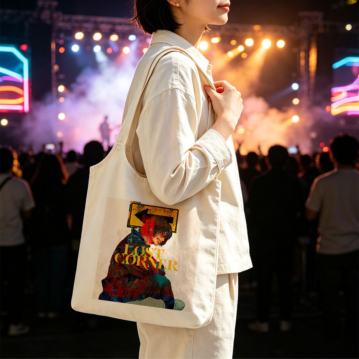 Lost Corner Band in Urban Scene with Graffiti-Style Art and Directional Sign - Canvas shoulder bags/