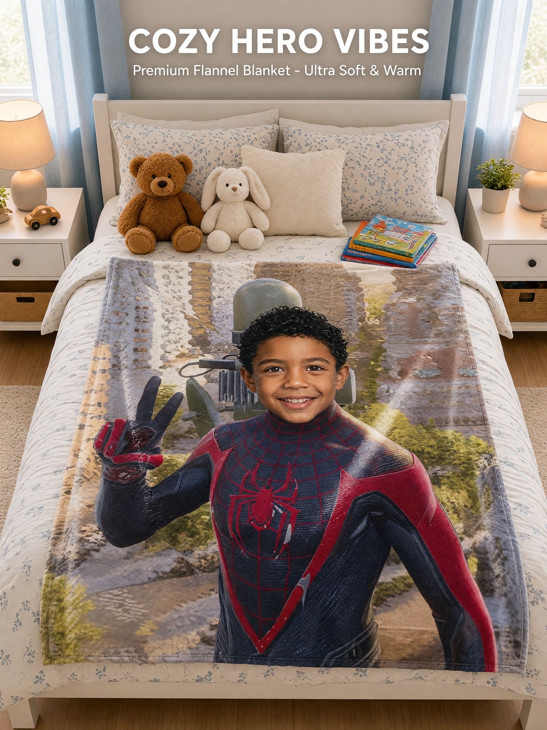 Custom Photo Blanket Personalized Superhero Portrait Ultra Soft Flannel Throw for Kids Bed Couch Cozy Keepsake Gift