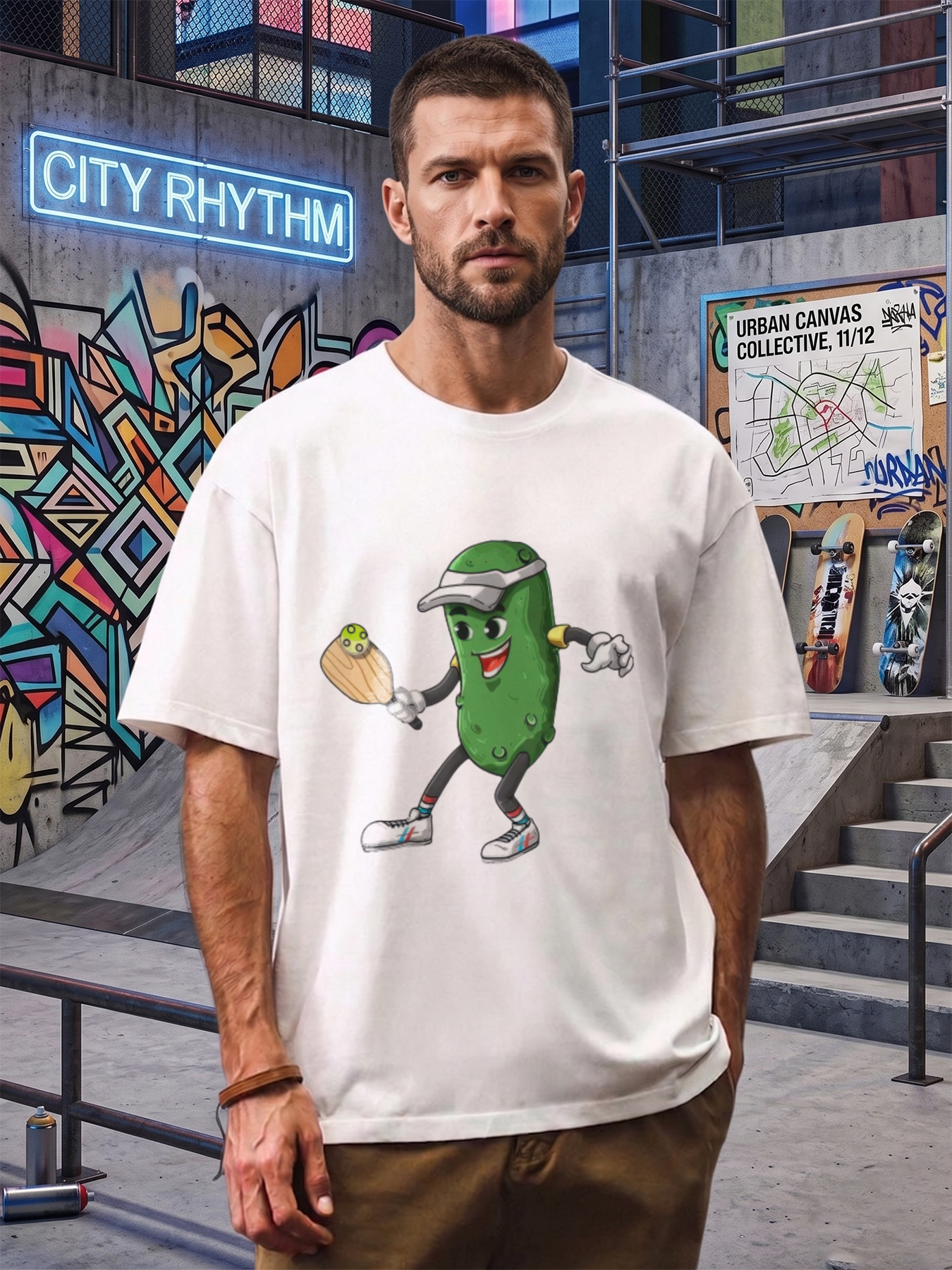 Men's Printed T-Shirt Featuring Funny Pickle Playing Tennis Graphic + Casual Round Neck Summer Lightweight Breathable Short Sleeve Tee for Outdoor Activities, Sports Fans, and Humor Lovers
