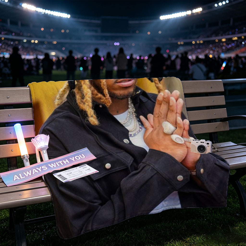 Wiz Khalifa in a stylish urban look with dreadlocks, sunglasses, and layered jewelry, hands clasped in front of a colorful building. - Blankets