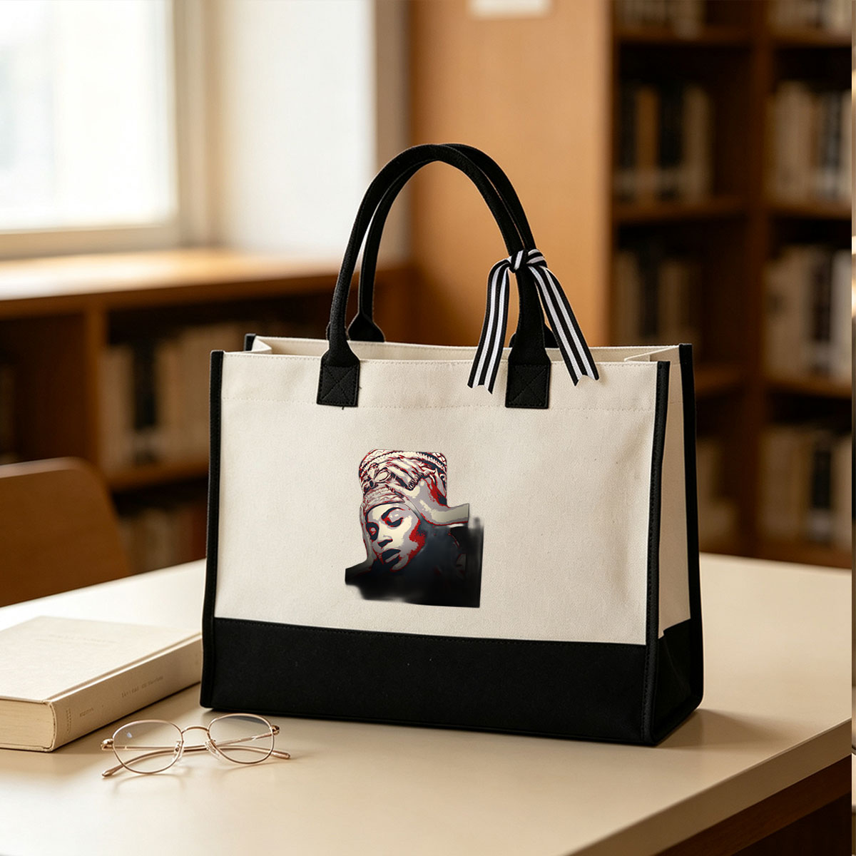 Beyoncé in a dramatic, stylized portrait with bold red and white contrasts, wearing an ornate headpiece. - Canvas patchwork gift tote bag