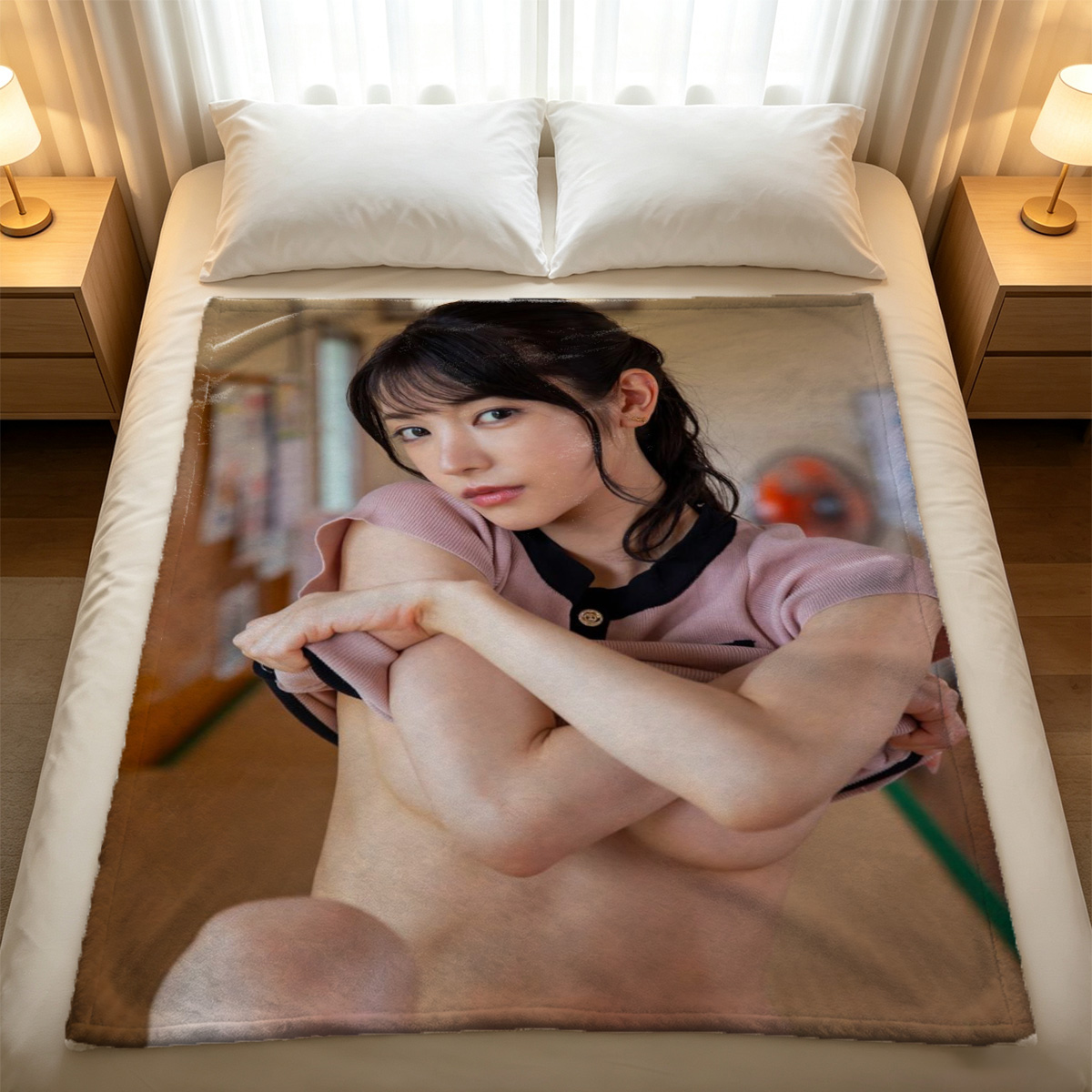 A young Asian woman in an open white shirt and black stockings, sitting provocatively on a black leather bench. - Blanket