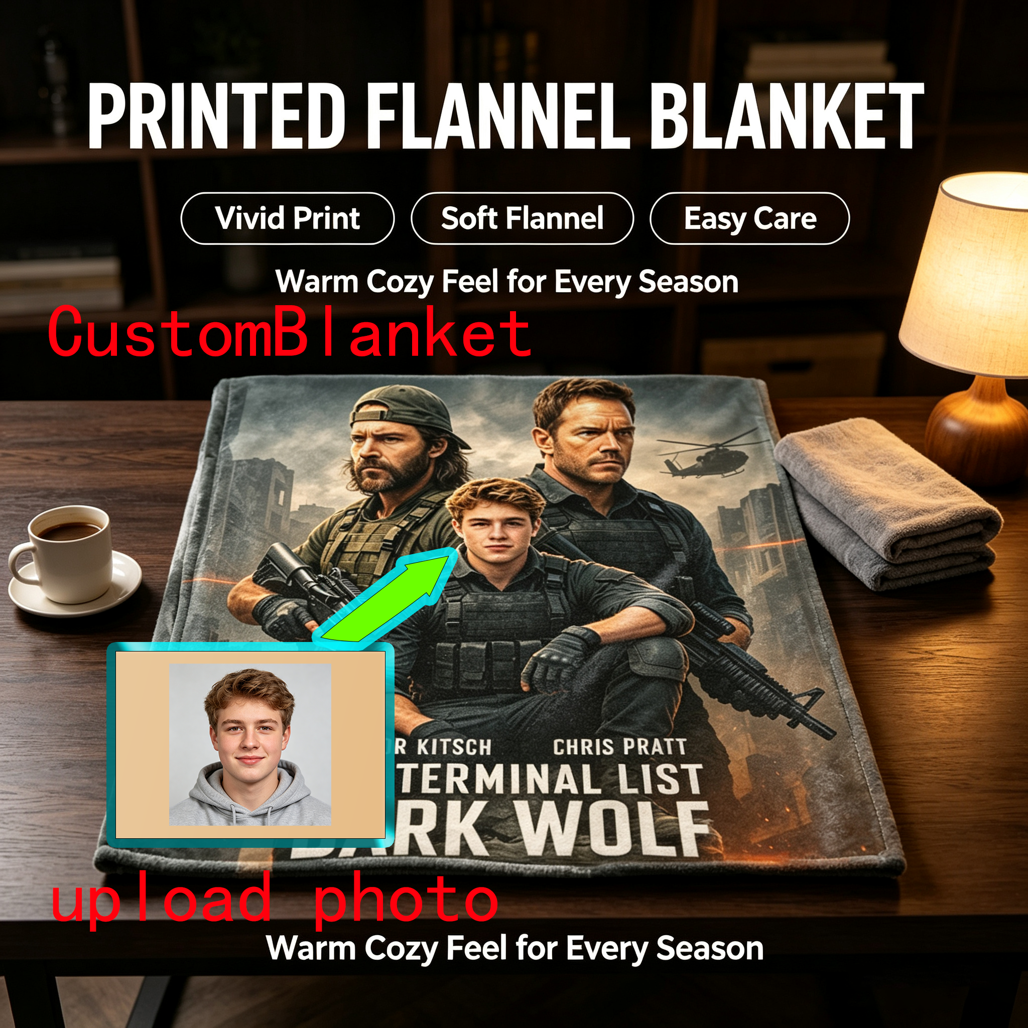 Custom Face Blanket The Terminal List Dark Wolf Flannel Blanket Military Action Movie Theme Cozy Bedding Gift for Fans of Taylor Kitsch Chris Pratt and War Thrillers