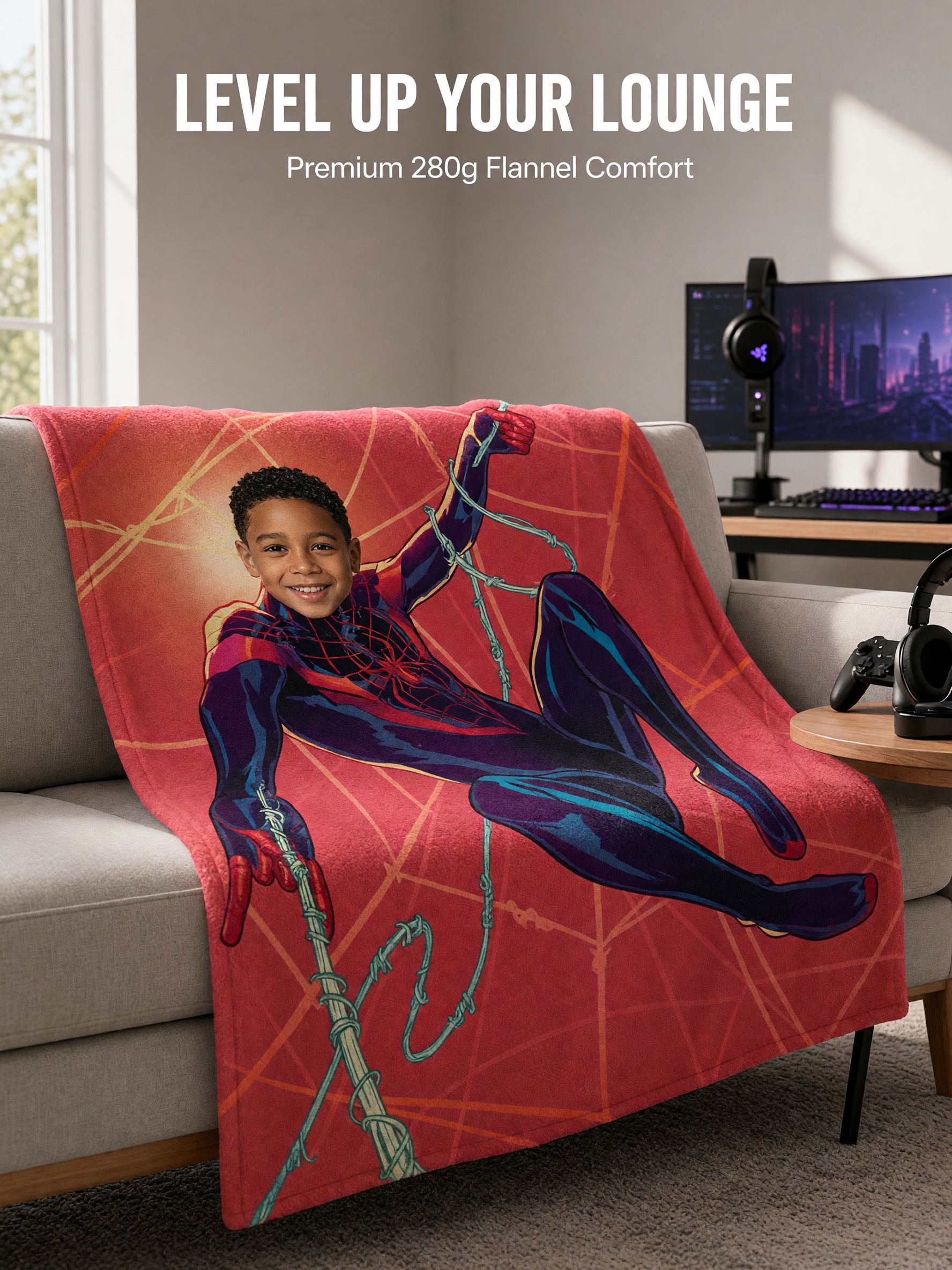 Custom Photo Superhero Flannel Fleece Blanket Personalized Face Portrait Throw for Kids Bedroom and Couch Cozy Gift