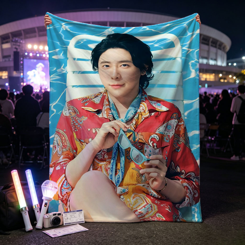 Kazuma Komatsu Relaxing by the Pool in Vibrant Summer Outfit - Blankets