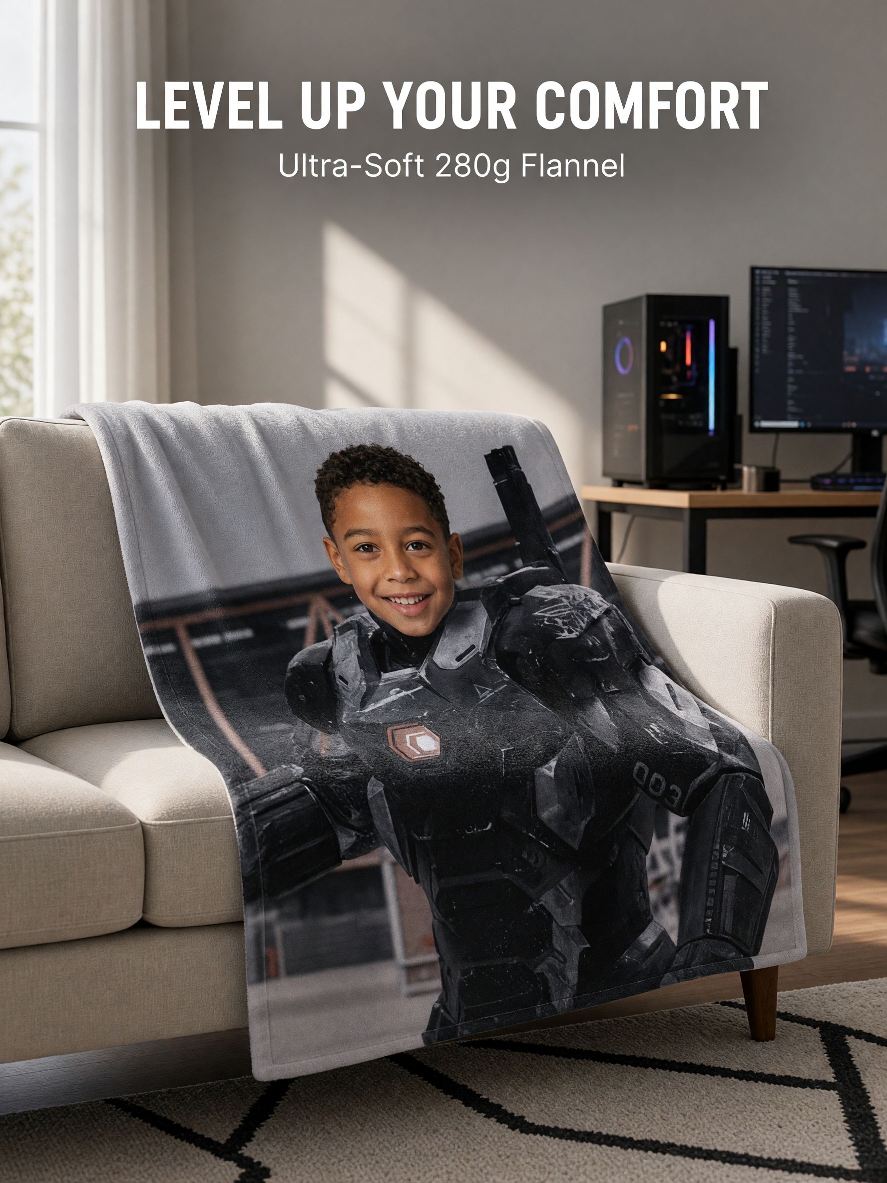 Custom Photo Face Flannel Blanket, Personalized Superhero Armor Plush Throw, Ideal Cozy Gift for Kids and Family