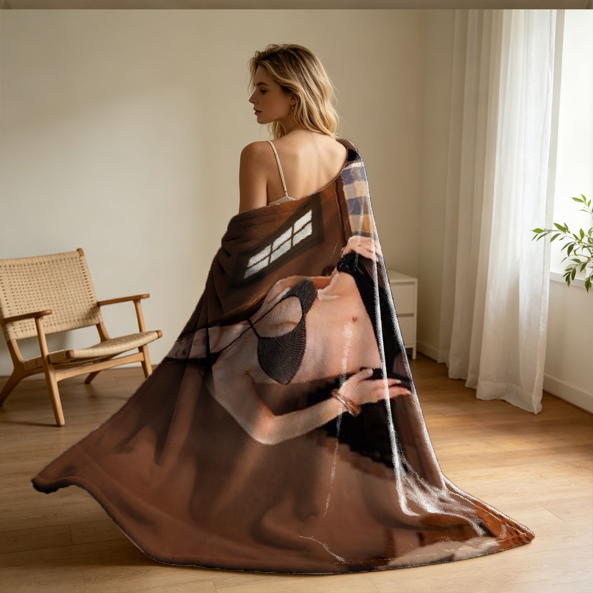 Nude Blonde Pulling Down Towel in Modern Living Room - Blanket