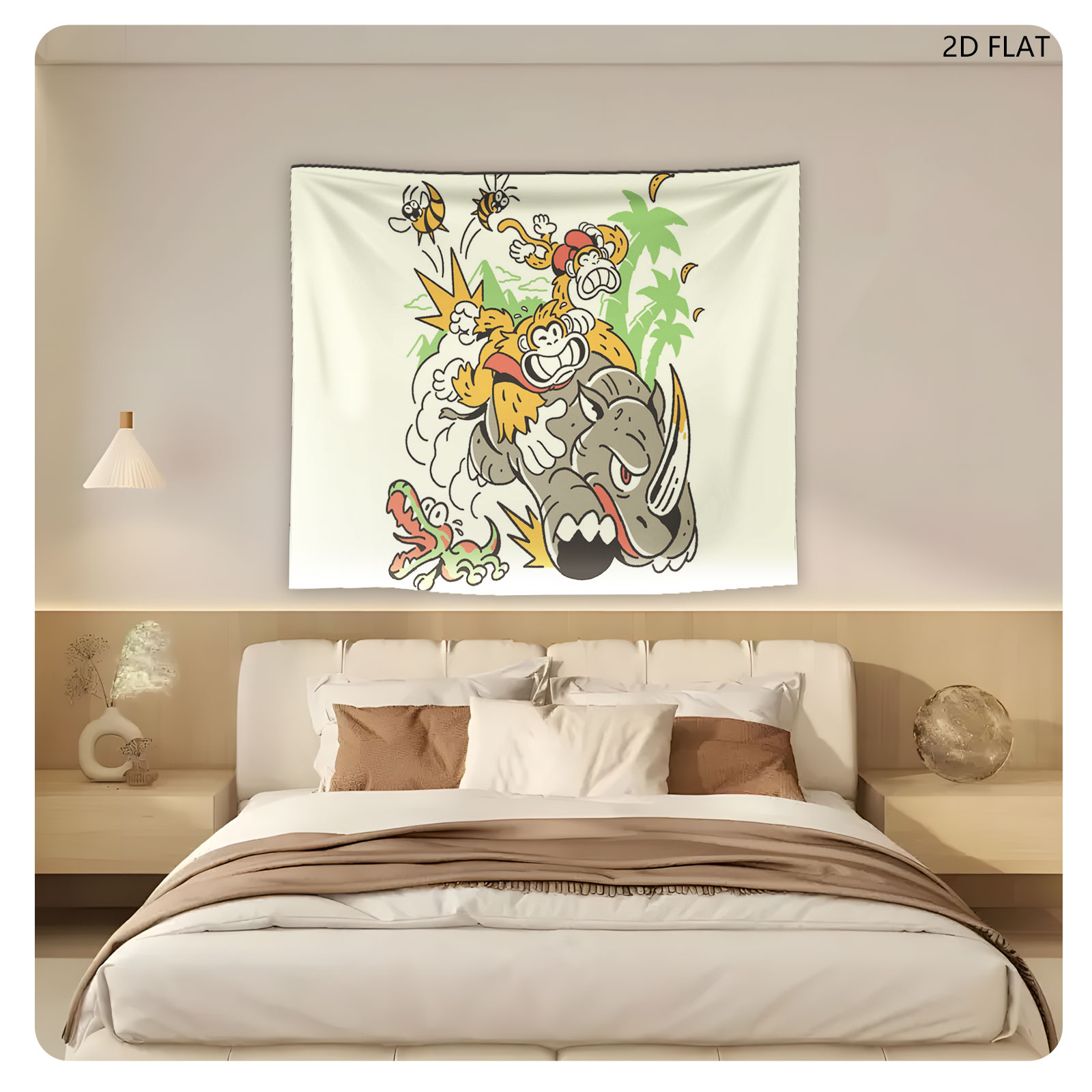 Diddy Kong and Donkey Kong Ride a Rhinoceros Through Jungle Chaos - Tapestry