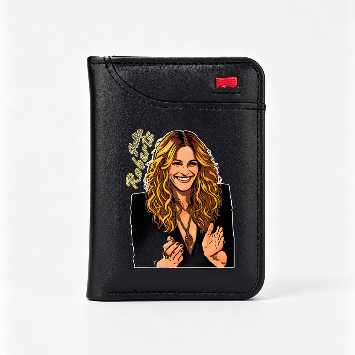 Julia Roberts Portrait: Vibrant Cartoon Style with Long Curly Hair and Warm Smile - Vertical Style Wallet