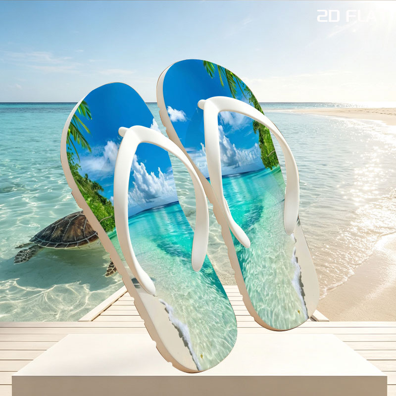 Tropical Beach with Crystal Clear Water and Palm Trees -  flip-flops