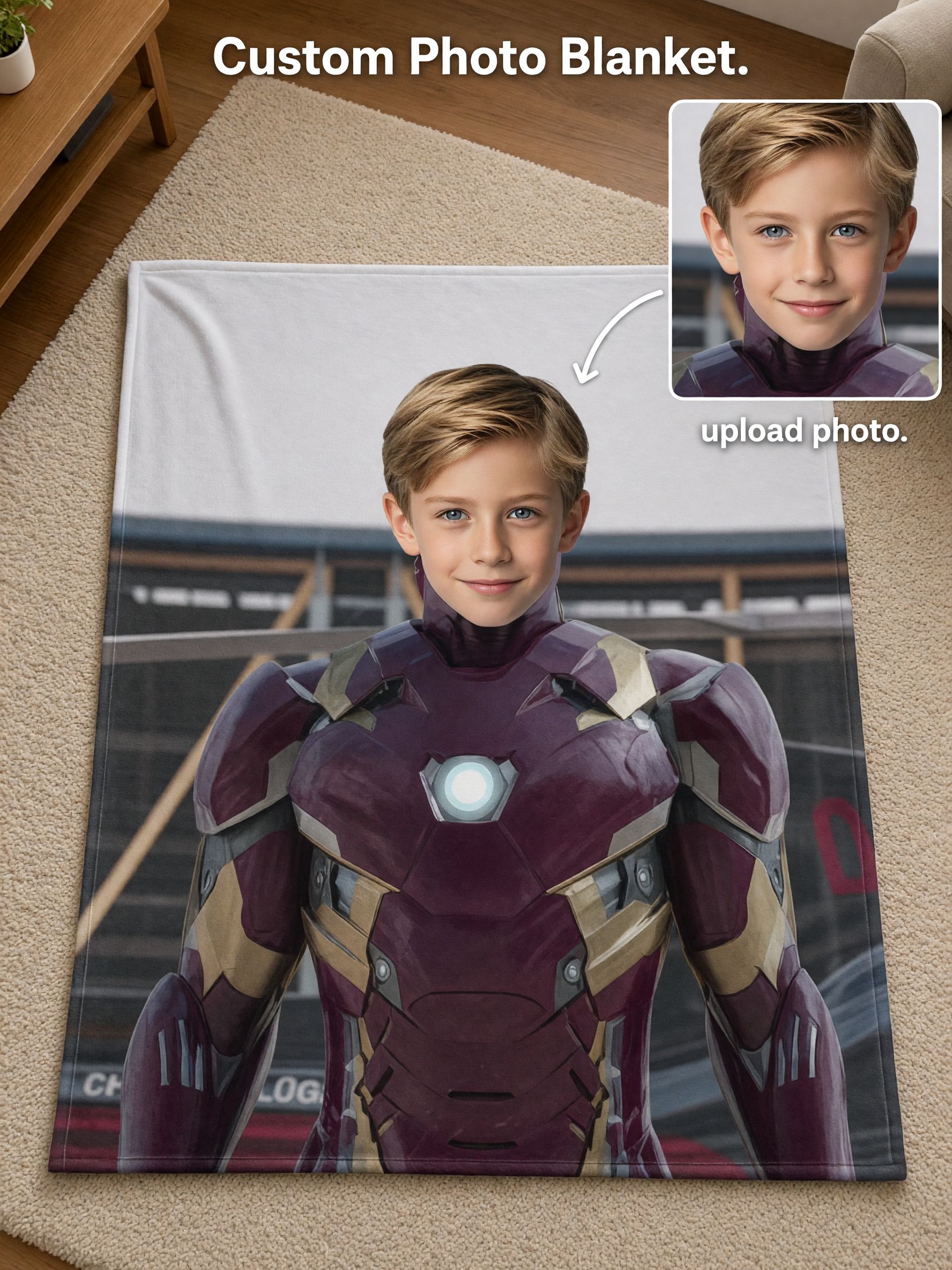 Custom Photo Face Blanket Personalized Superhero Armor Portrait Soft Flannel Fleece Throw Blanket Cozy Keepsake Gift