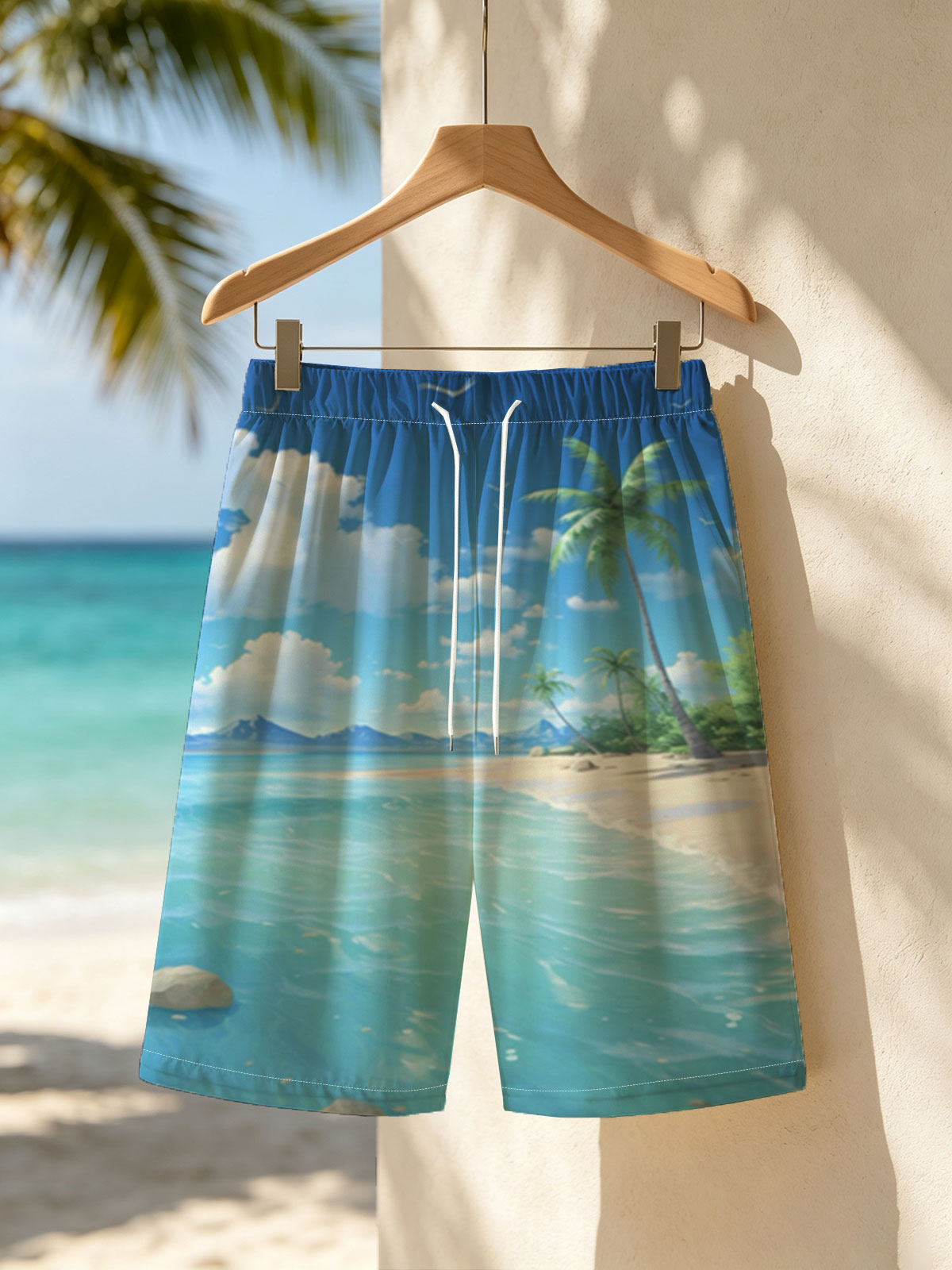 Tropical Beach with Palm Trees and Clear Blue Water -  Beach shorts