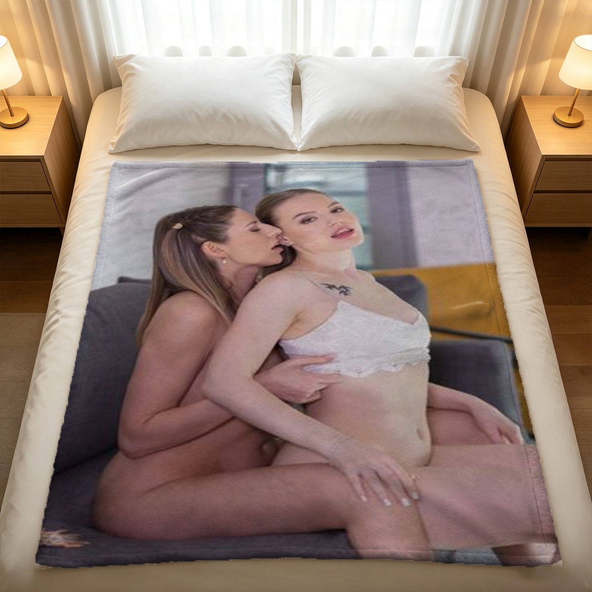 Pink Checkered Bow Lingerie Girl on Bed - Blanket