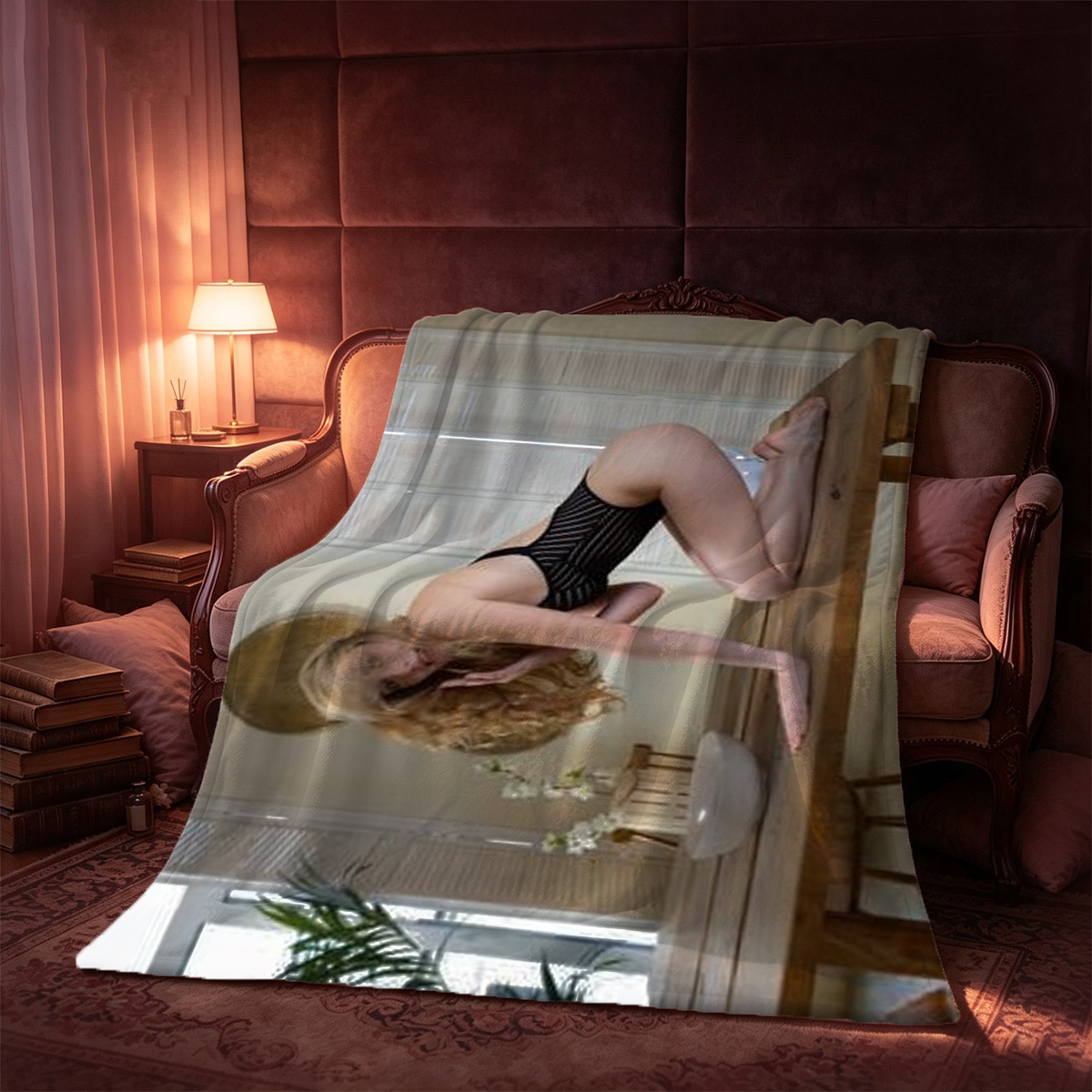 Kneeling in black lingerie on the bed, Anya Olsen. - Blanket