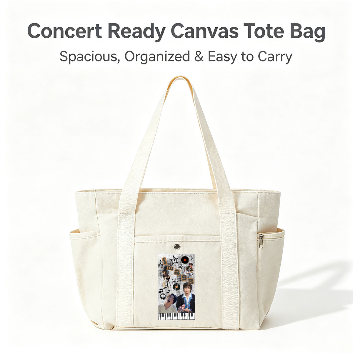 Imase Band Members in Music-Themed Collage with Guitar, Piano Keys, and Vinyl Records - Multi-pocket bags