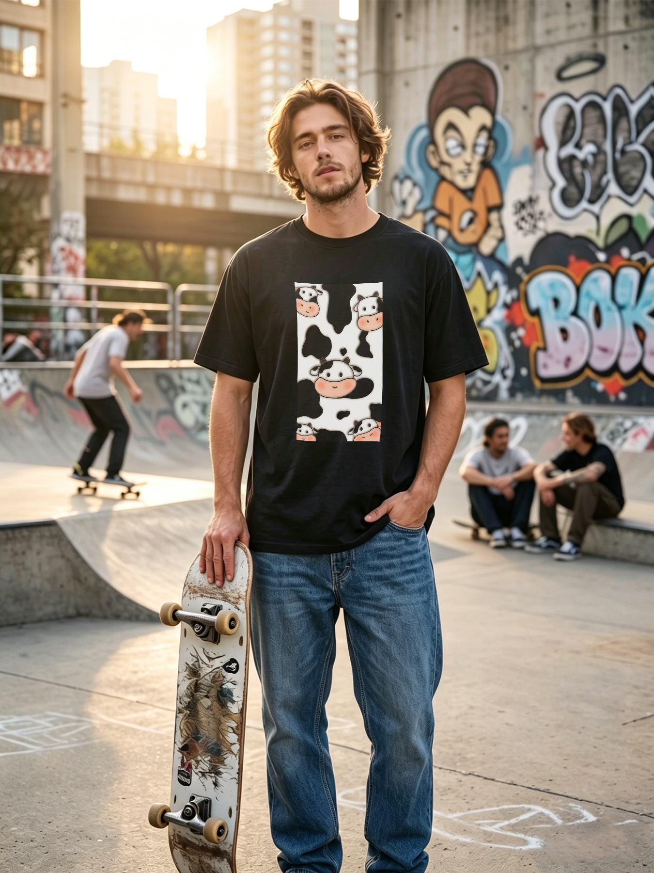 Men's Printed T-Shirt with Cute Cow Pattern and Black White Spots, Casual Round Neck Summer Lightweight Breathable Short Sleeve T-Shirt for Everyday Wear, Farm Theme Outfit for Adults and Teens