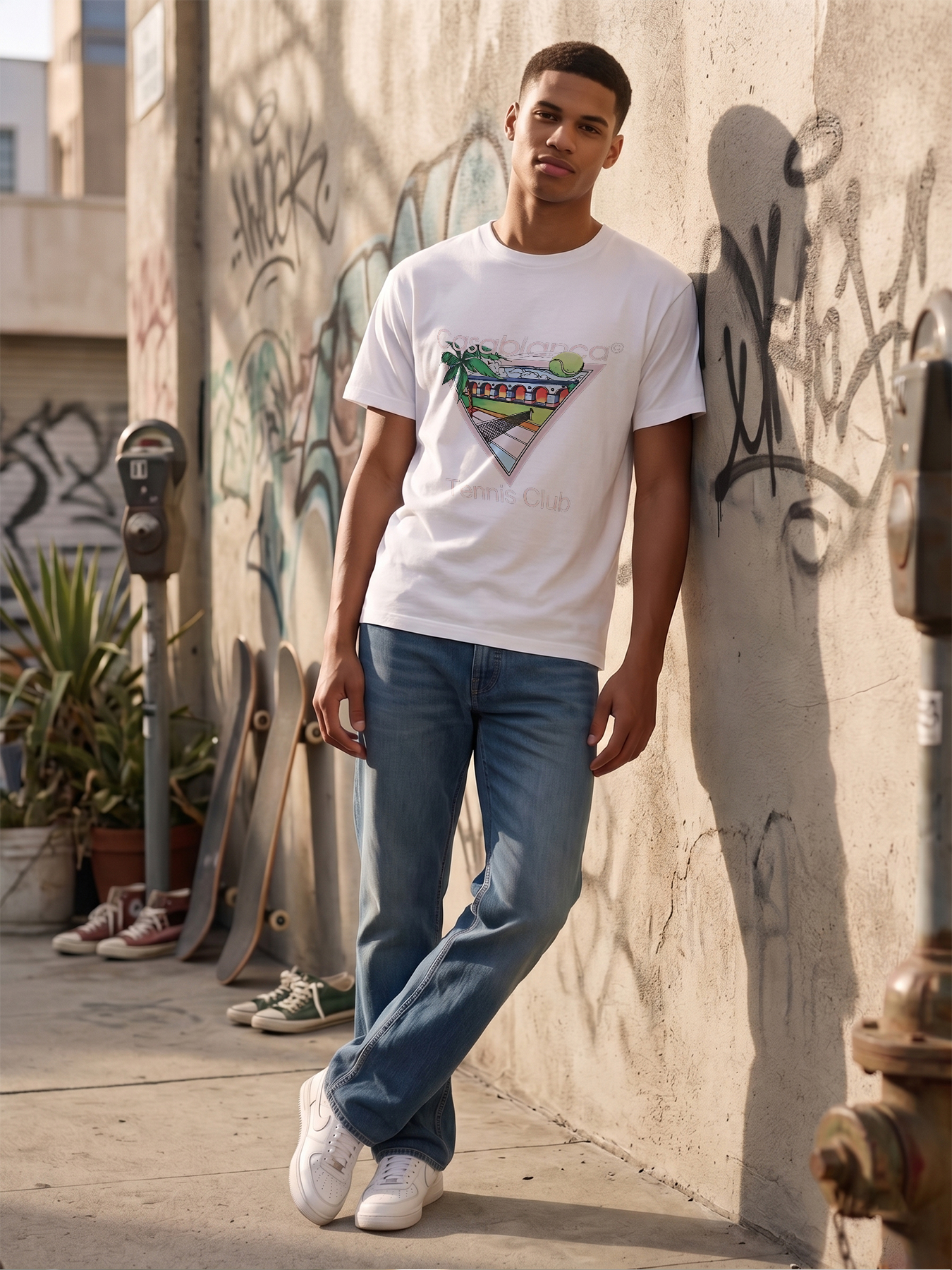 Men's Casablanca Tennis Club Print T-Shirt with Palm Tree and Court Design, Casual Round Neck Lightweight Breathable Summer Short Sleeve Tee for Tennis Enthusiasts and Outdoor Sports Lovers