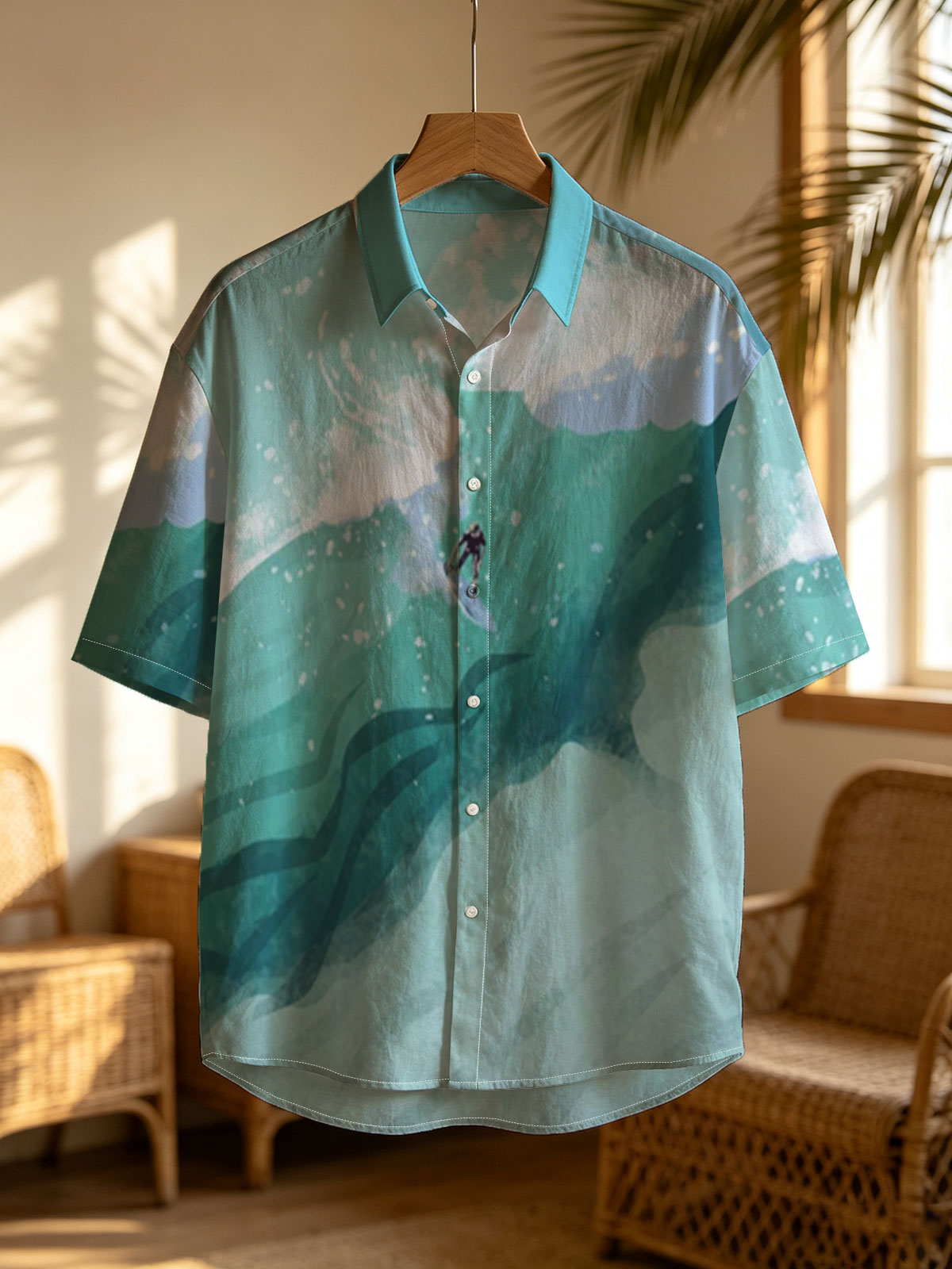 Surfer riding a massive wave in vibrant ocean waters -  Shirt