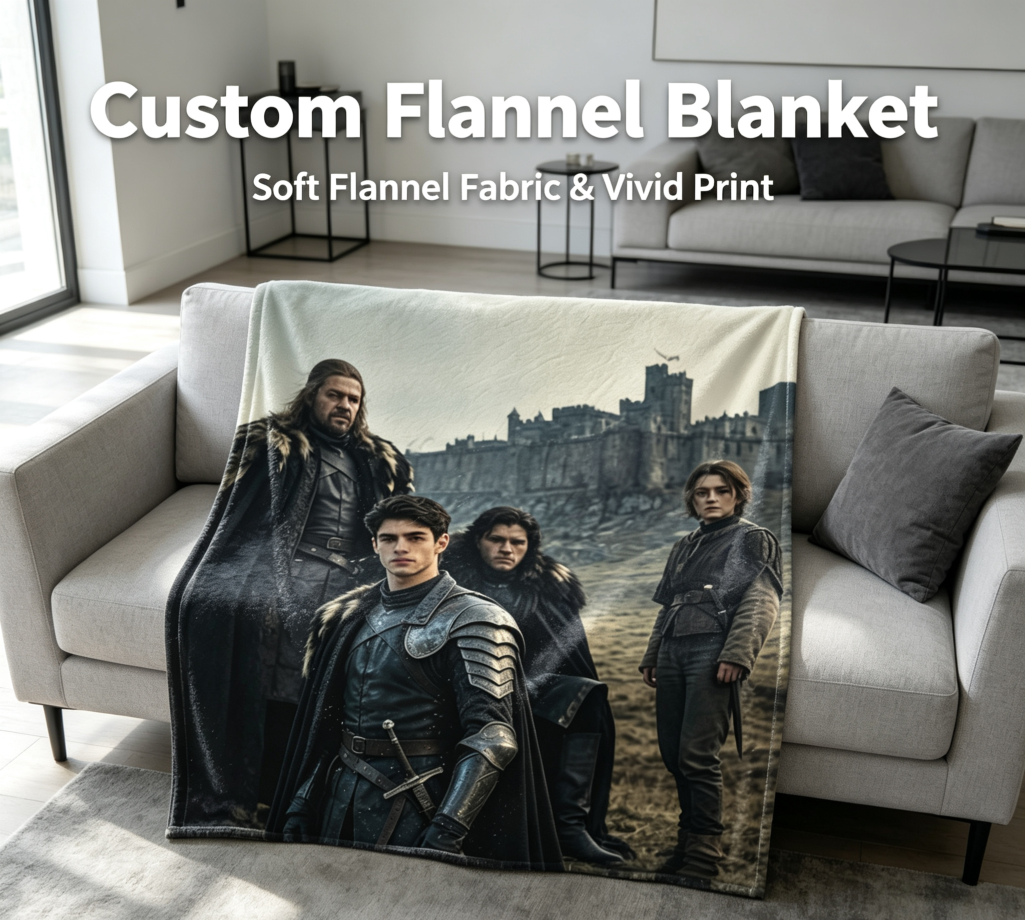Custom Face Blanket Game of Thrones Inspired Flannel Blanket for Couch, Bed, or Travel – Perfect Gift for Fans and Cosplay Enthusiasts