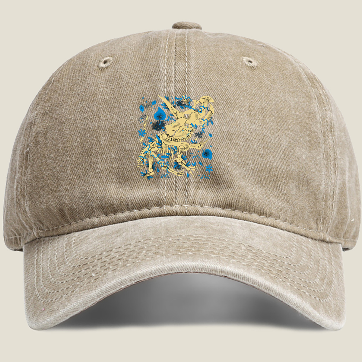Triceratops Skeleton with Blue Leaves - Washed Denim - Baseball Cap