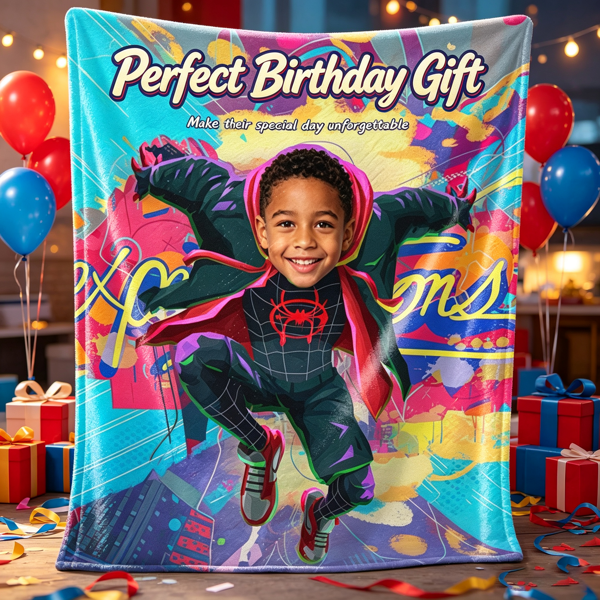 Custom Spider‑Verse Miles Morales Kids Photo Blanket, Personalized Superhero Throw Blanket Upload Child Photo, Birthday Gift for Boys